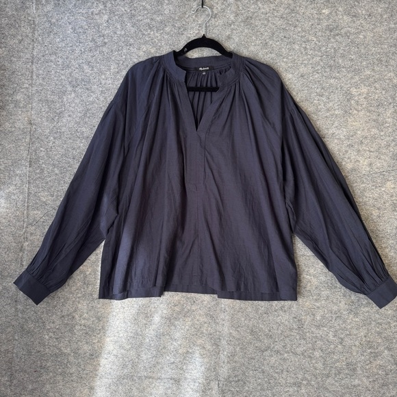 Madewell Shirred Long sleeves Flowy V-neck Navy Blue Blouse Size Large - Picture 2 of 12